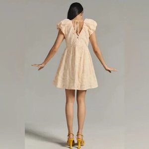 Anthropologie DEEP V PUFF-SLEEVE DRESS PEACH Fit & Flare sz 8 Fairy Dream Dance